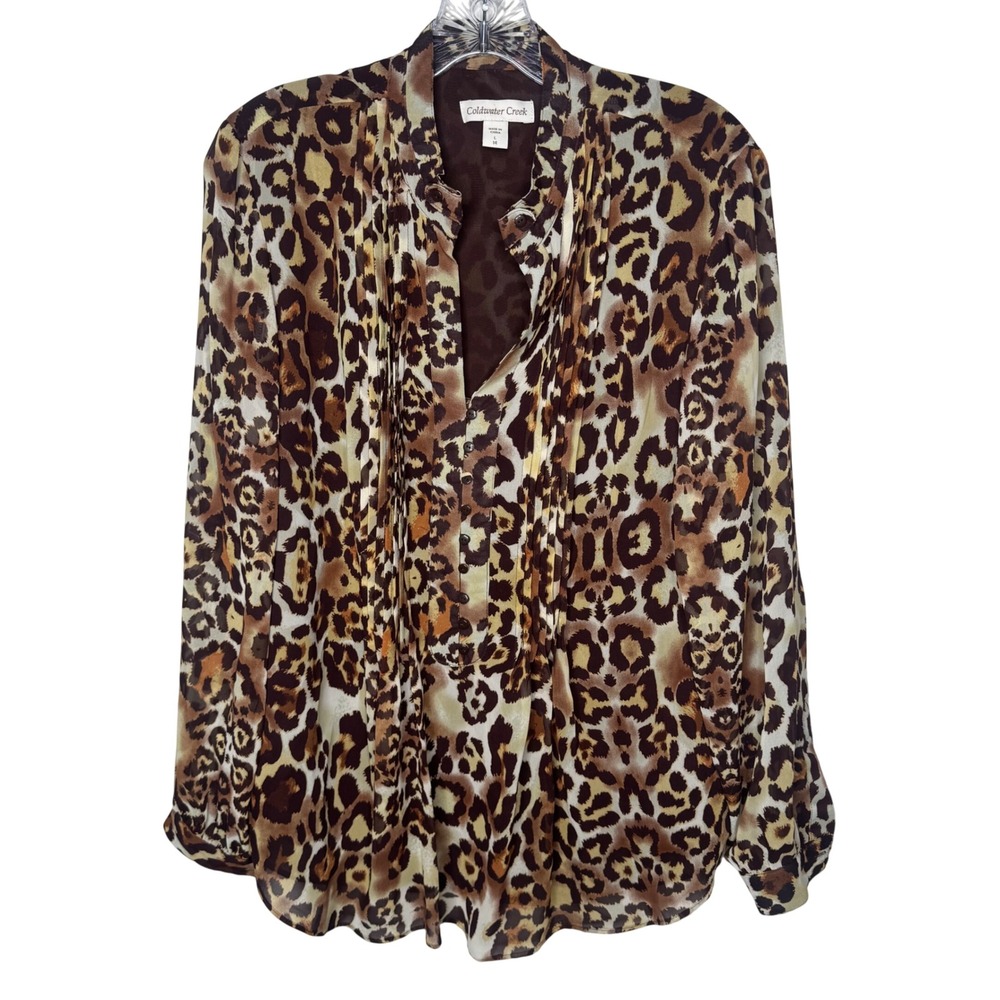 Coldwater Creek Womens Leopard Print Pleated Front‎ Blouse Brown Tan Size L 14